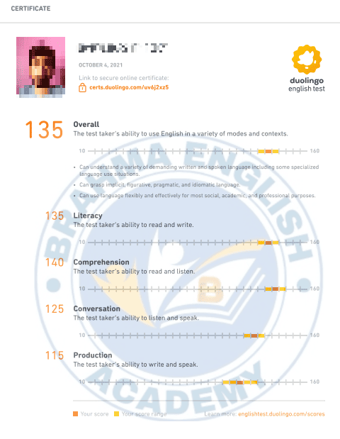 Duolingo Score Card 10 - Brahma English Academy