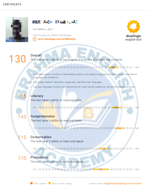 Duolingo Score Card 15 - Brahma English Academy