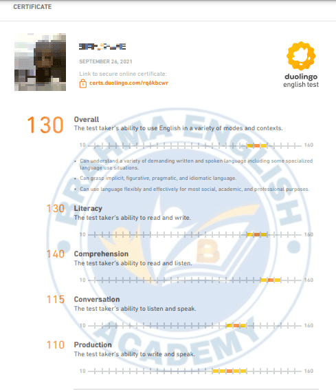 Duolingo Score Card 17 - Brahma English Academy