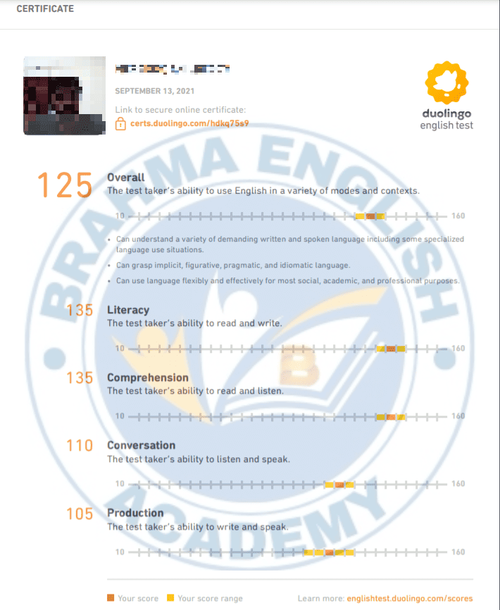 Duolingo Score Card 3 - Brahma English Academy