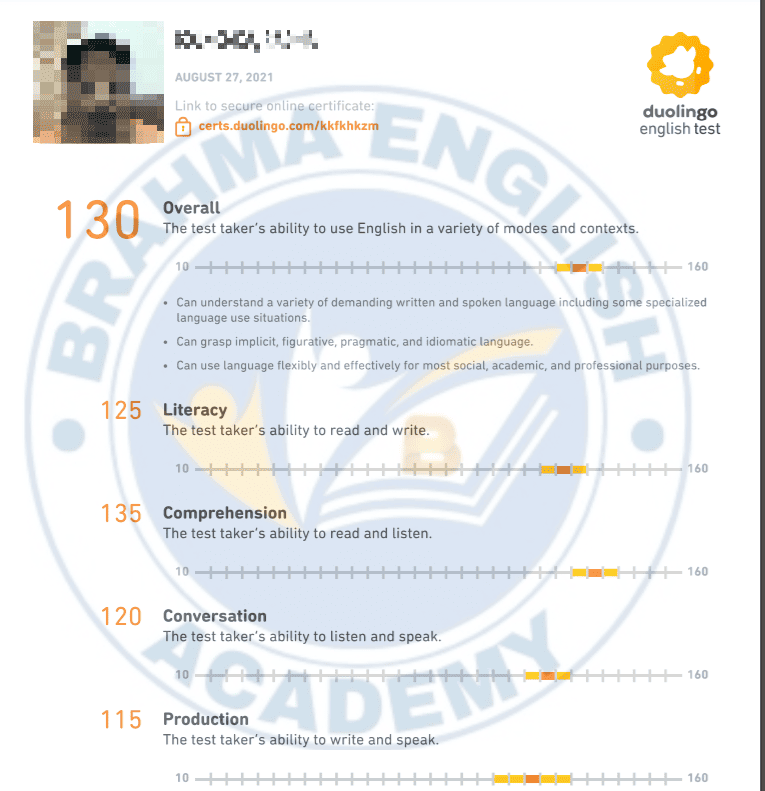 Duolingo Score Card 6 - Brahma English Academy