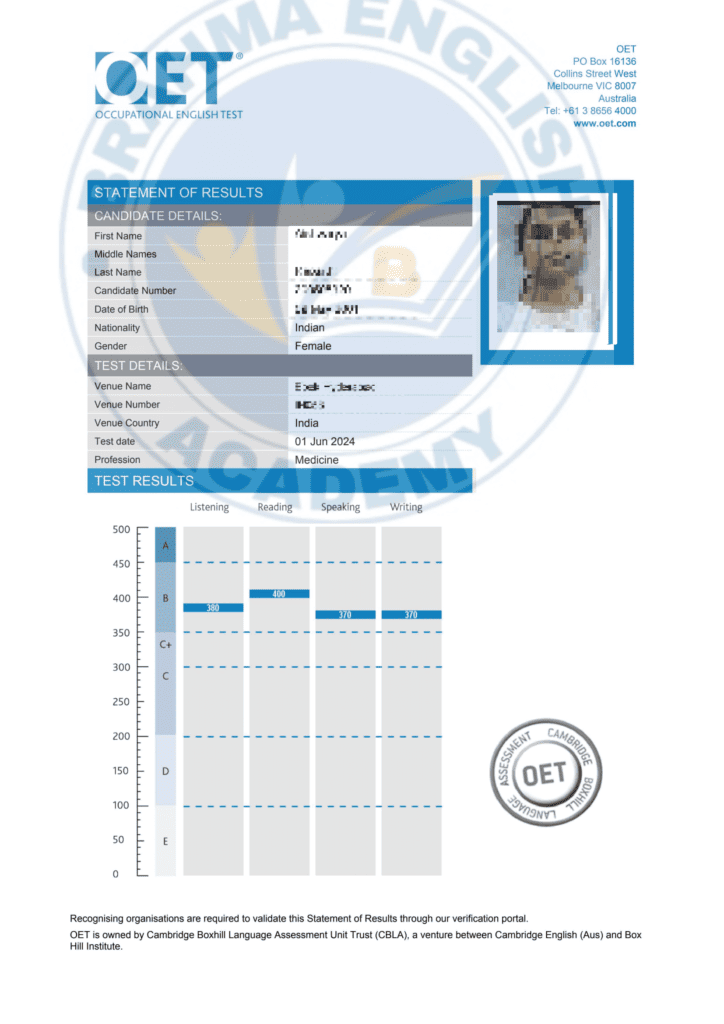 Brahma English Academy OET Scorecard 10