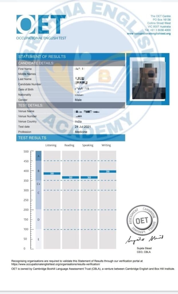 Brahma English Academy OET Scorecard 12