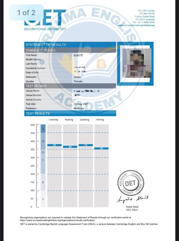 Brahma English Academy OET Scorecard 13