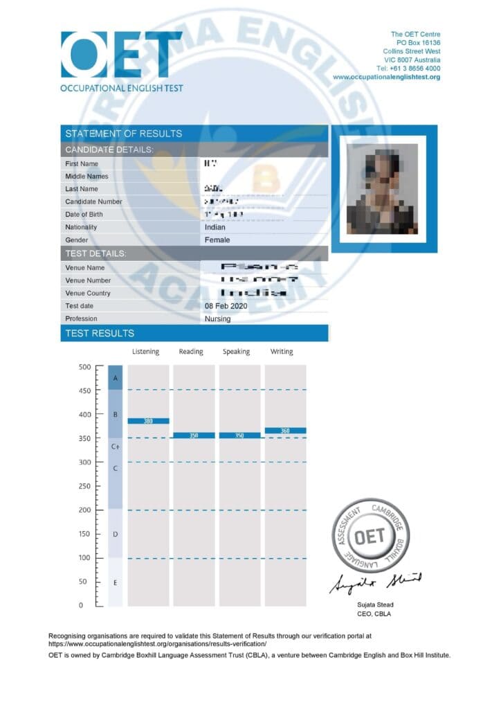 Brahma English Academy OET Scorecard 14
