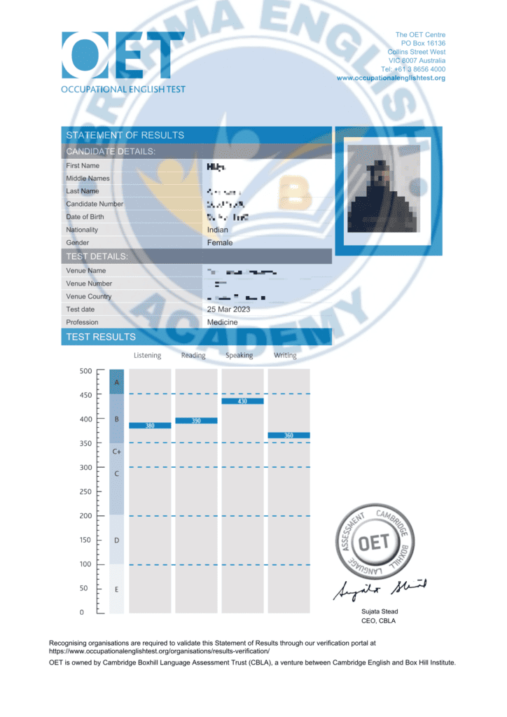 Brahma English Academy OET Scorecard 16