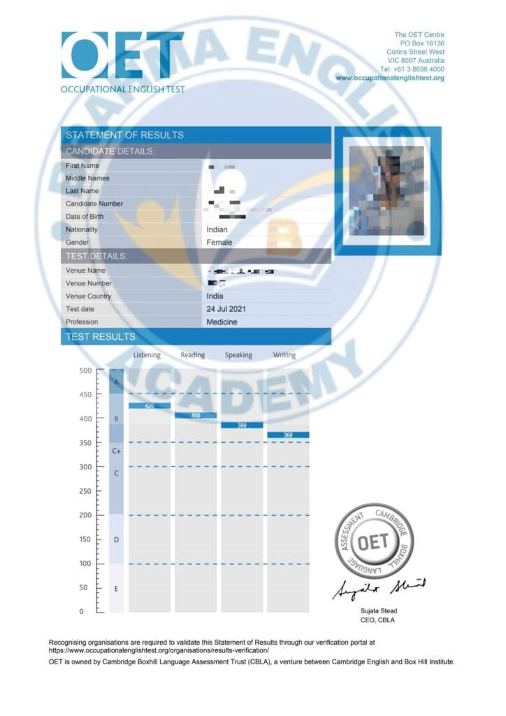 Brahma English Academy OET Scorecard 2