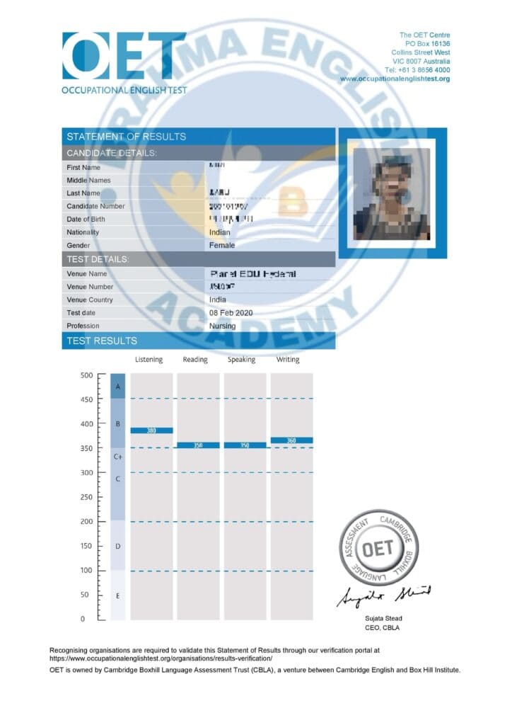 Brahma English Academy OET Scorecard 4