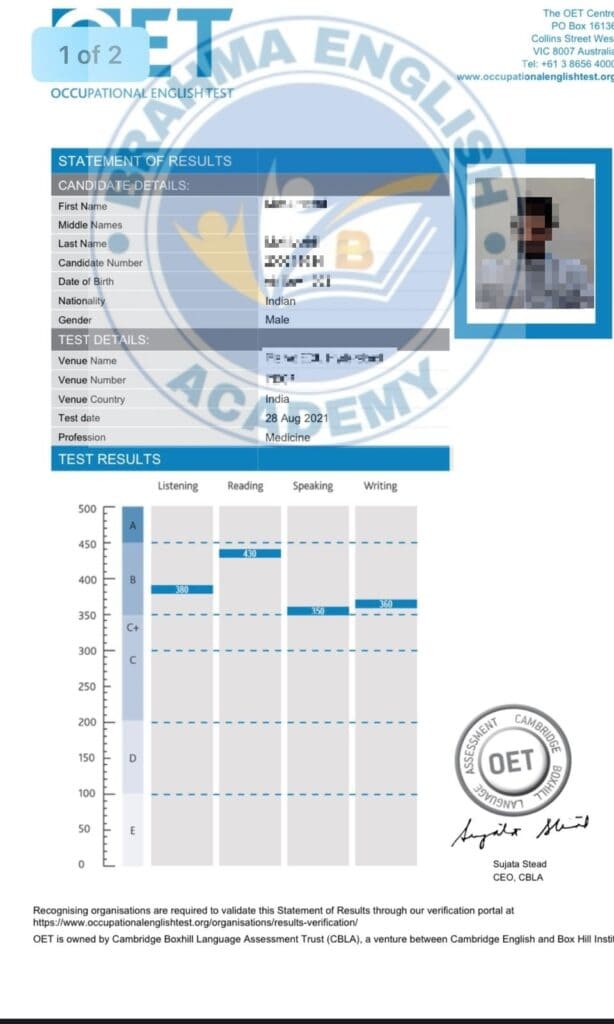 Brahma English Academy OET Scorecard 5