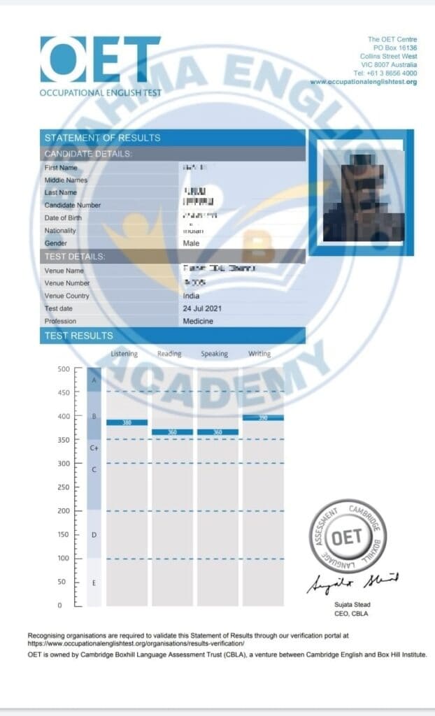 Brahma English Academy OET Scorecard 6