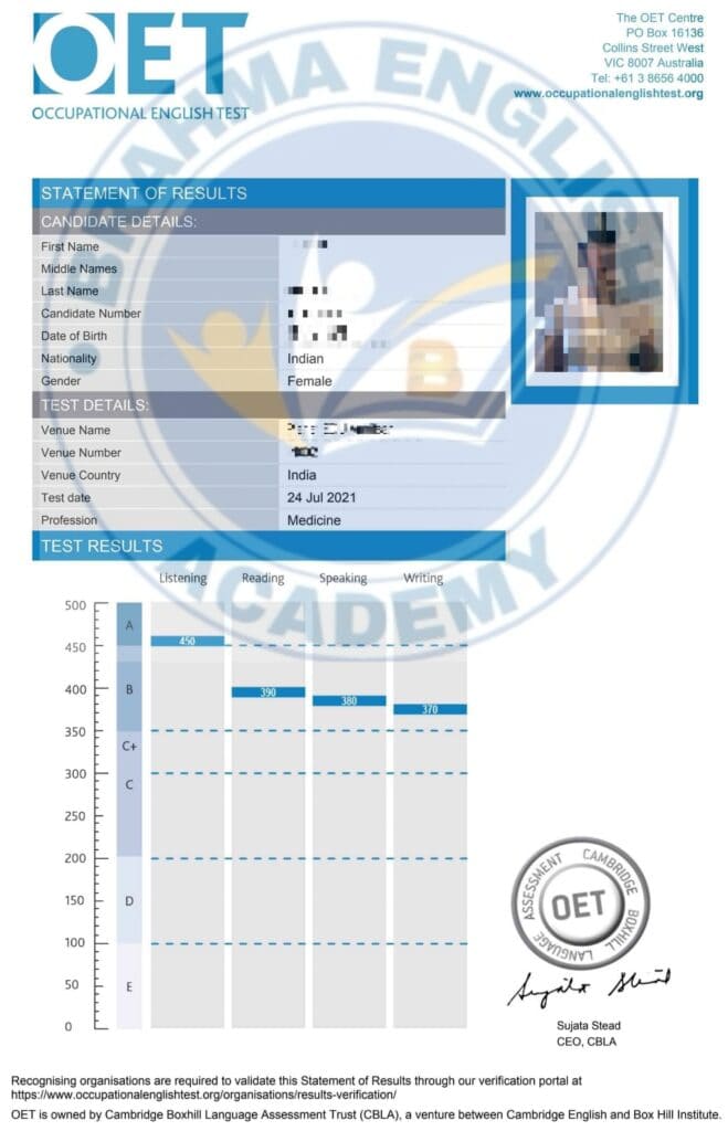 Brahma English Academy OET Scorecard 8