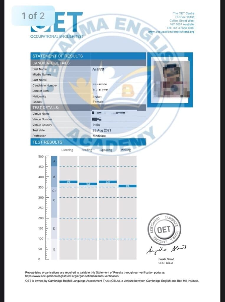 Brahma English Academy OET Scorecard 9