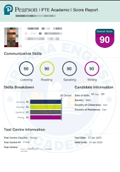 PTE score 90 student result 1