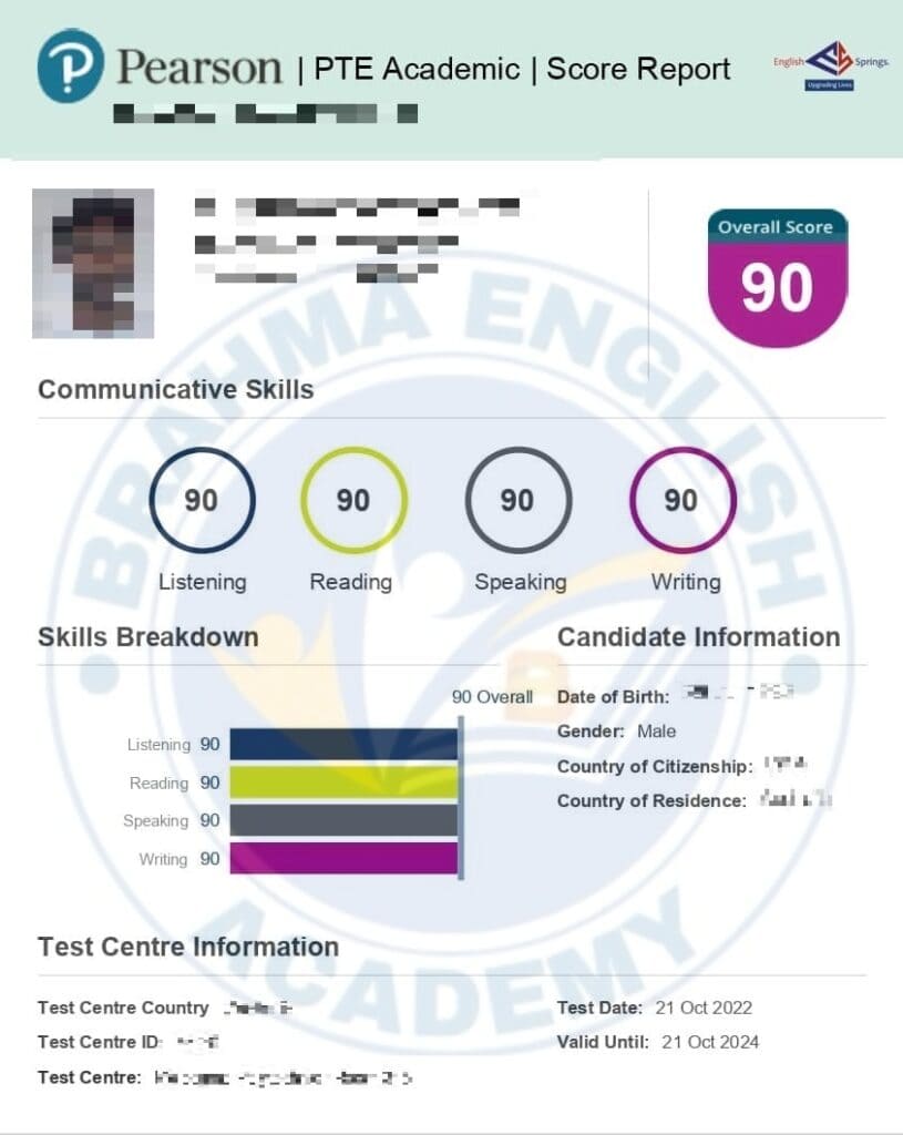 PTE score 90 student result 5