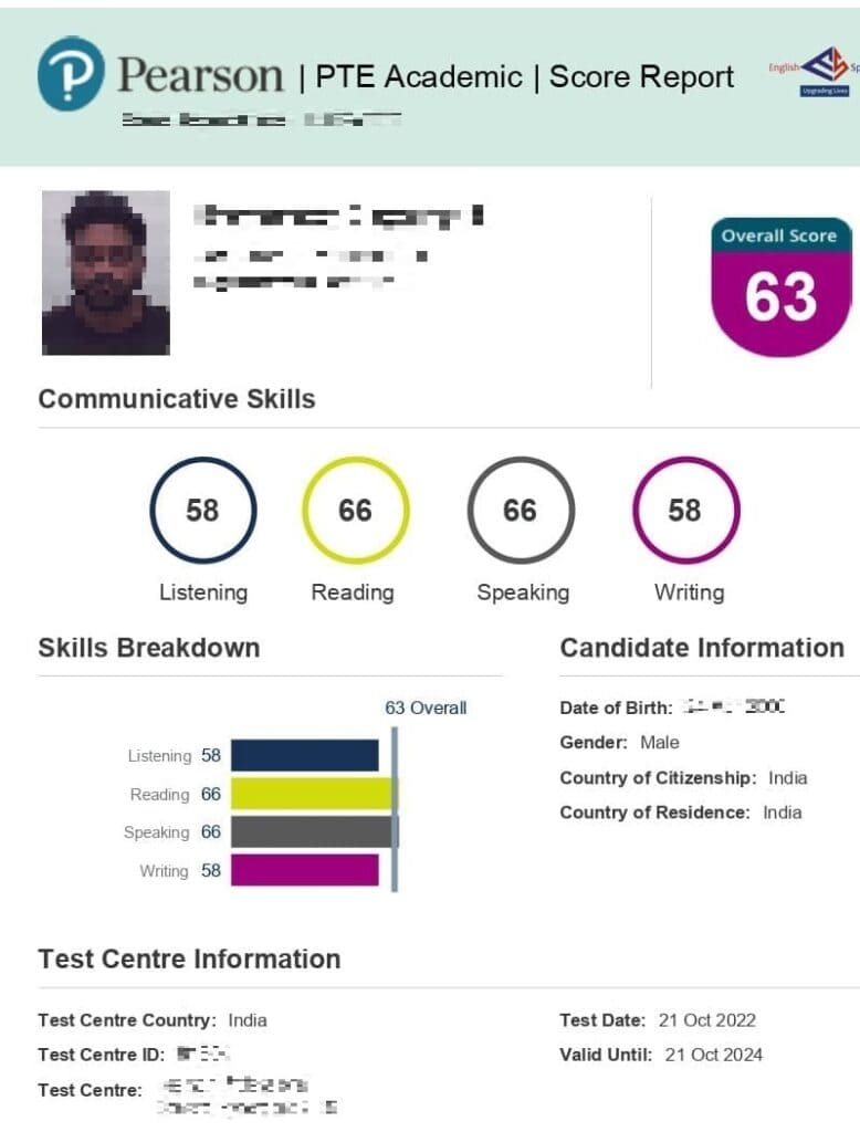 PTE score between 60 and 69 result 1