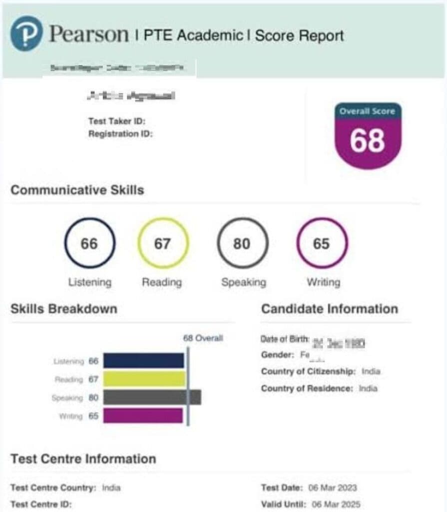 PTE score between 60 and 69 result 2