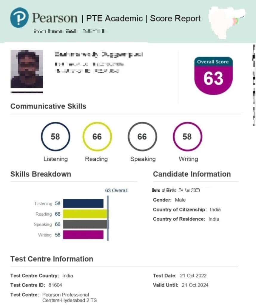 PTE score between 60 and 69 result 3
