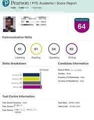 PTE score between 60 and 69 result 6