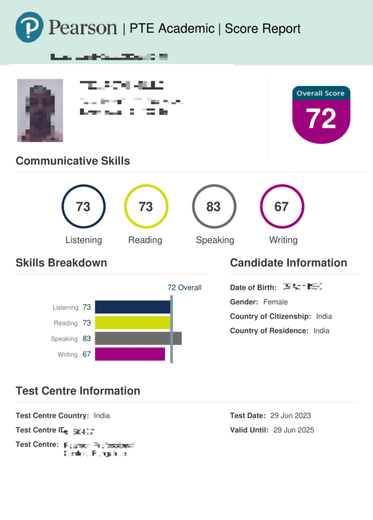 PTE score between 70 and 79 result 1
