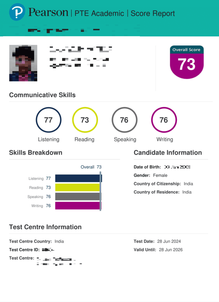 PTE score between 70 and 79 result 2