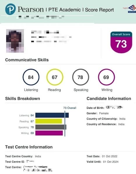 PTE score between 70 and 79 result 3
