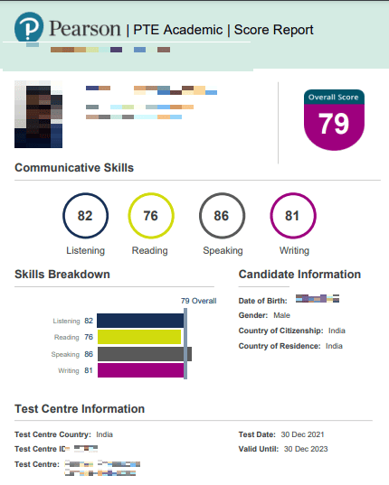 PTE score between 70 and 79 result 4