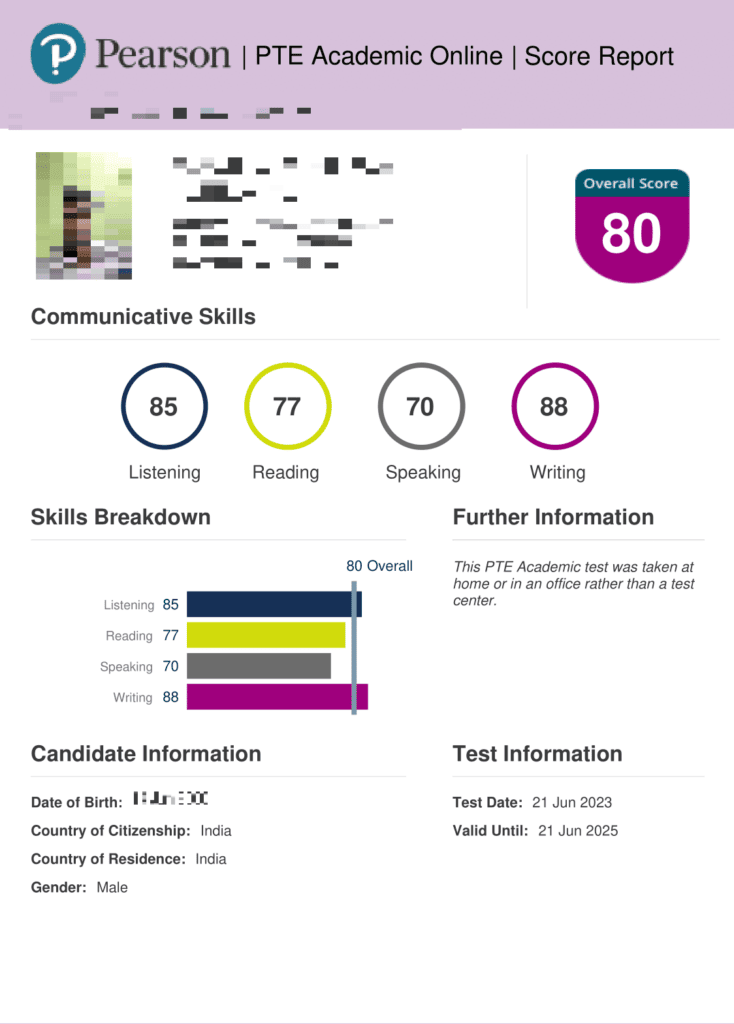 PTE score between 80 and 84 result 1