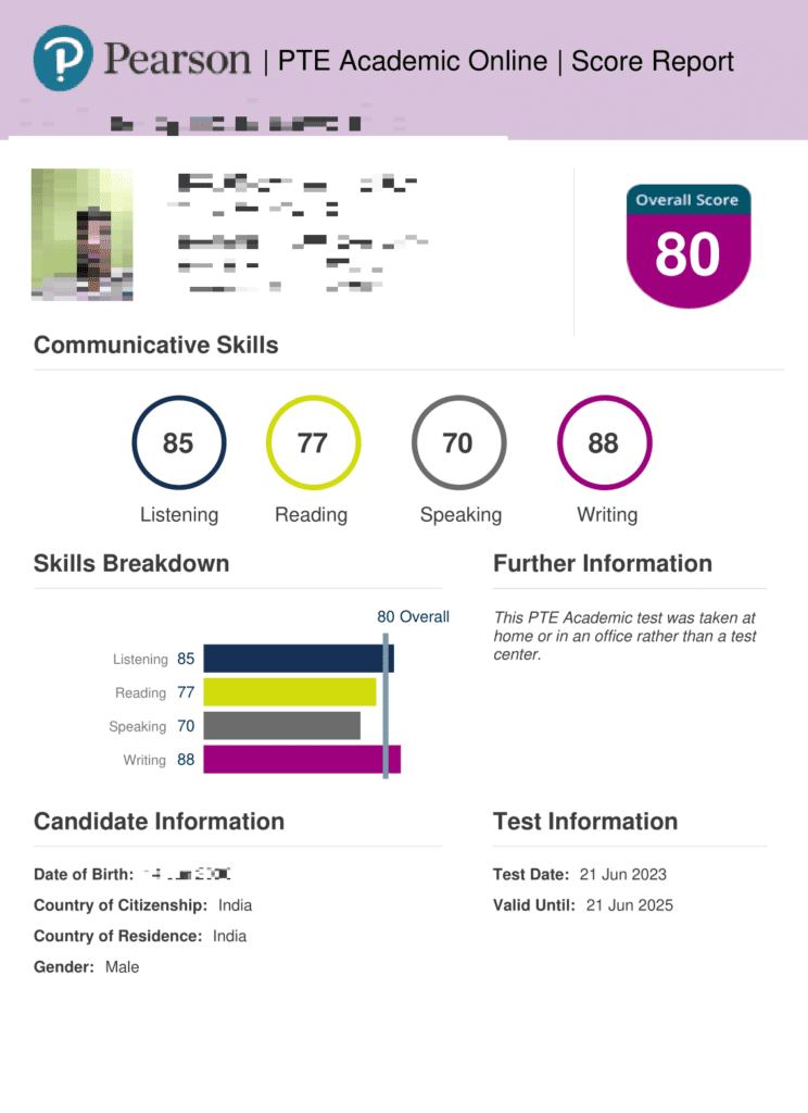 PTE score between 80 and 84 result 2