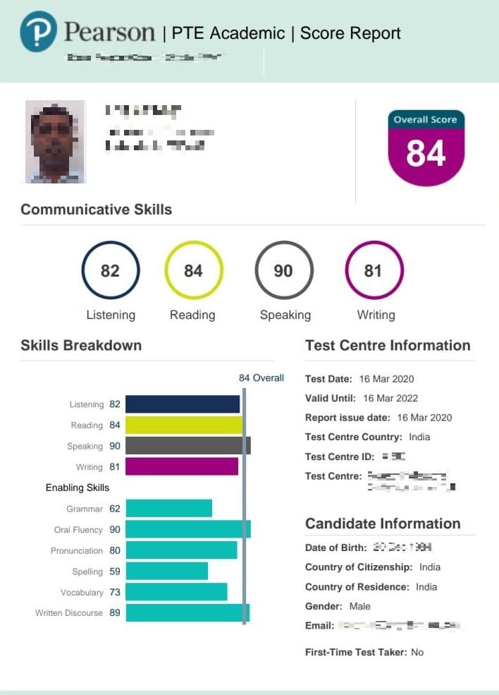 PTE score between 80 and 84 result 3