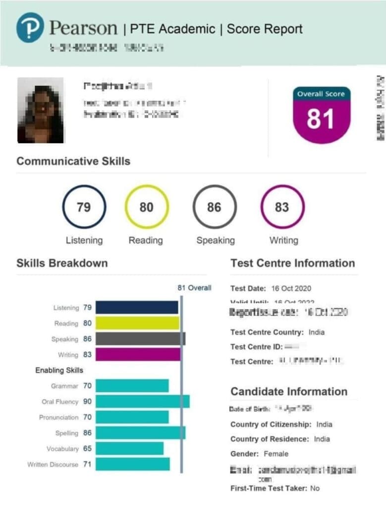 PTE score between 80 and 84 result 4