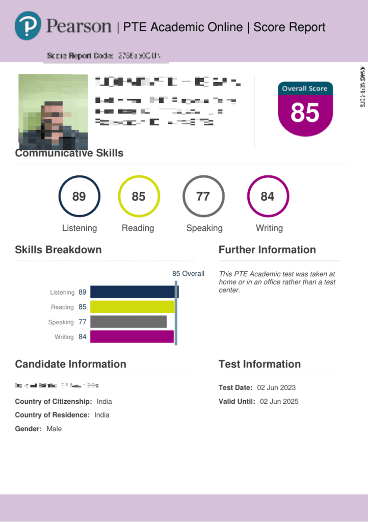 PTE score between 85 and 89 result 1