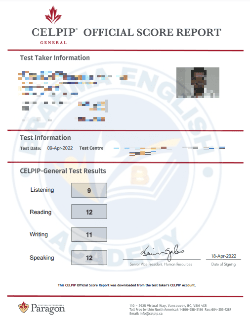 CELPIP Score Card 2 - Brahma English Academy