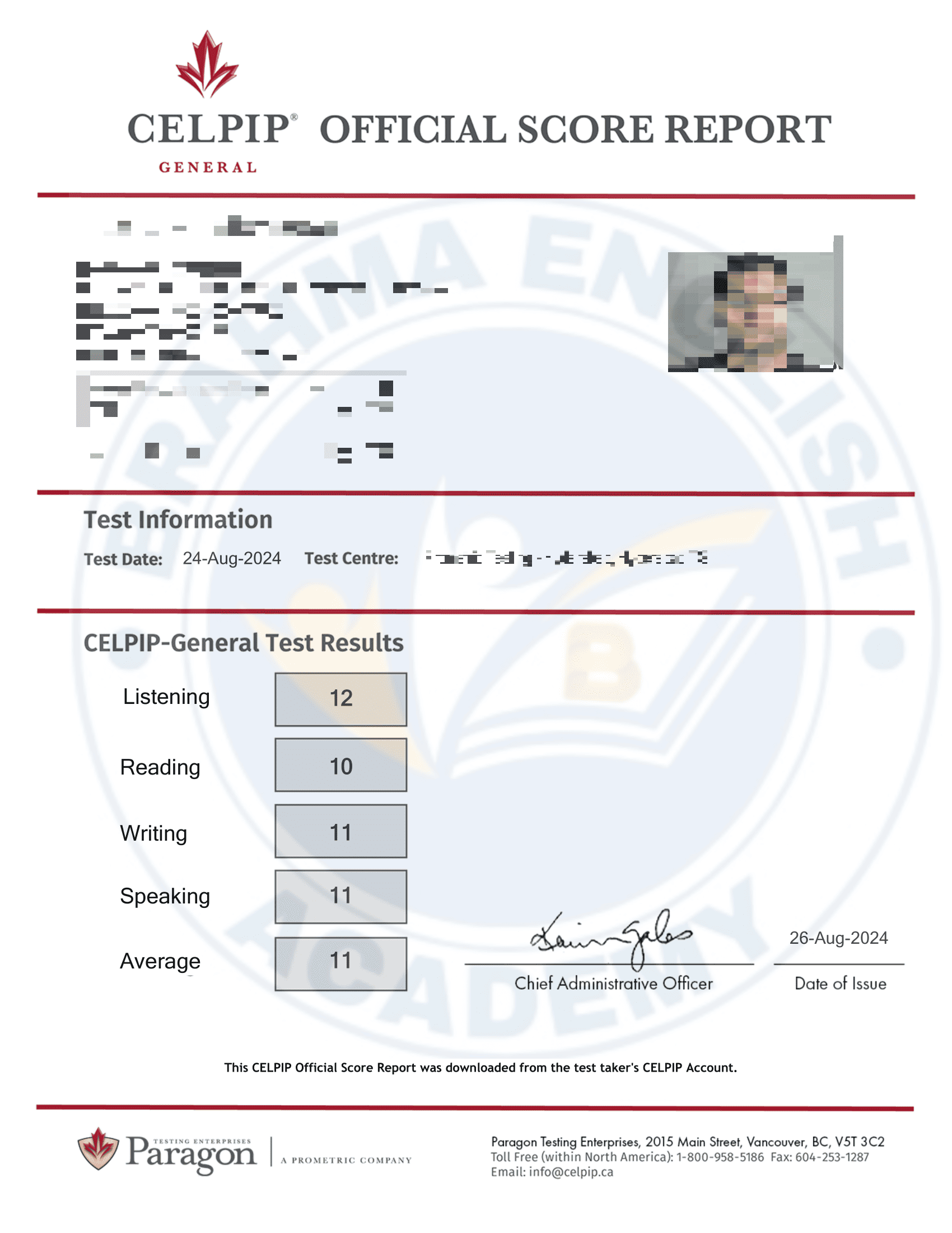 CELPIP Score Card 4 - Brahma English Academy