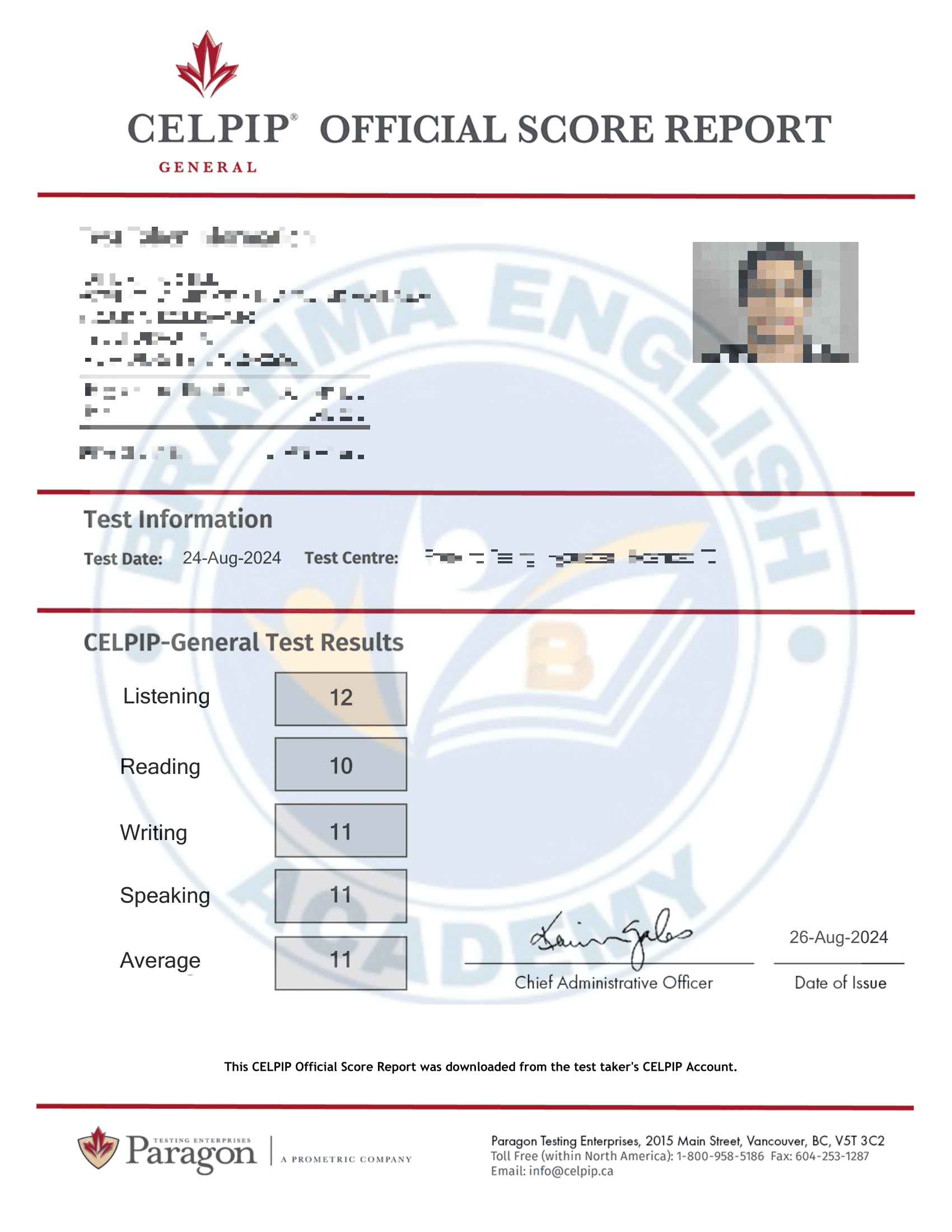 CELPIP Score Card 9 - Brahma English Academy