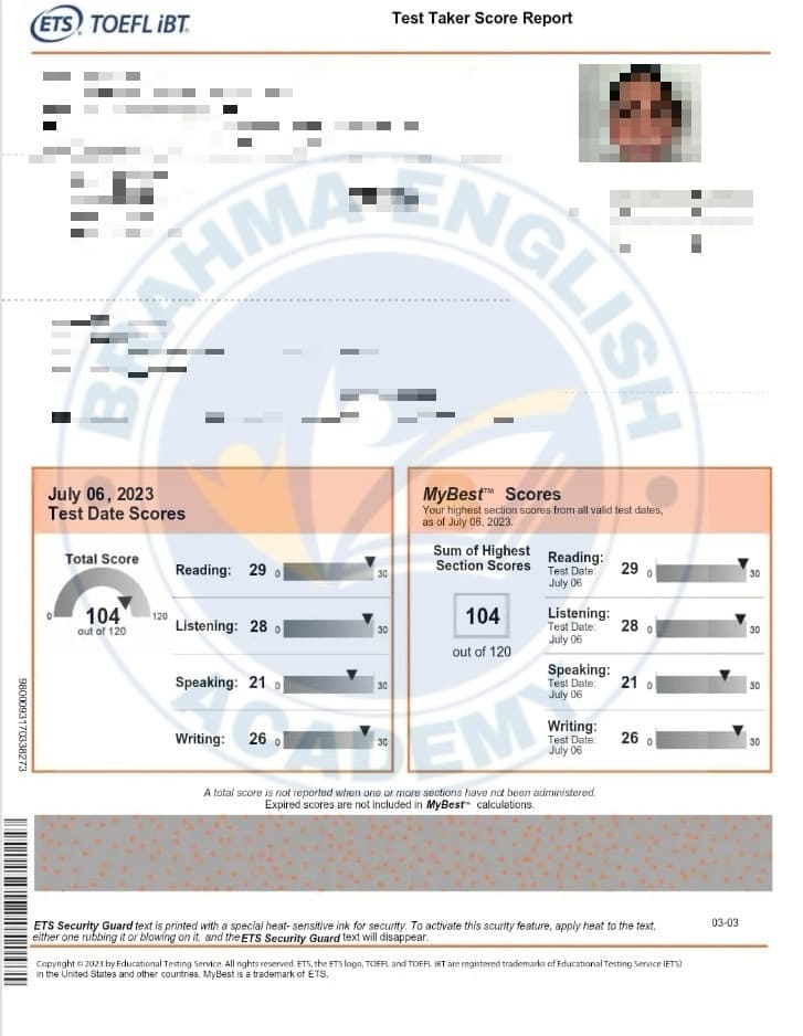 TOEFL Scorecard 1 - Brahma English Academy Student Achievement
