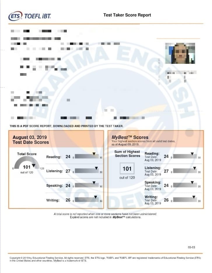 TOEFL Scorecard 10 - TOEFL Success Story Brahma Academy