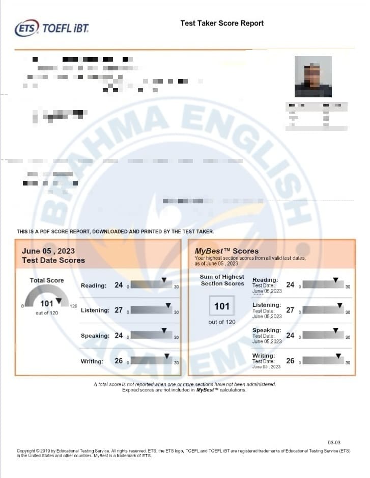TOEFL Scorecard 11 - Brahma English Academy Student Performance