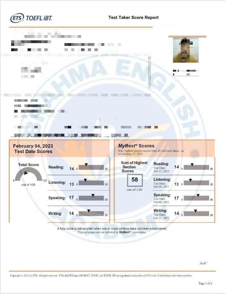 TOEFL Scorecard 12 - TOEFL High Scorer Brahma Academy