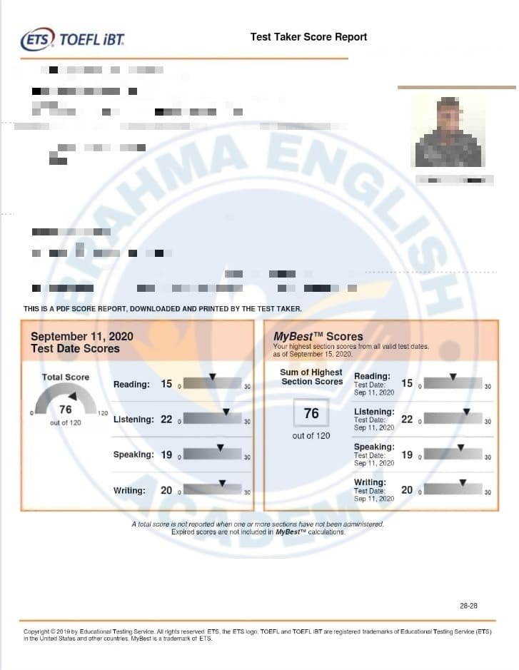 TOEFL Scorecard 13 - Brahma English Academy Coaching Result