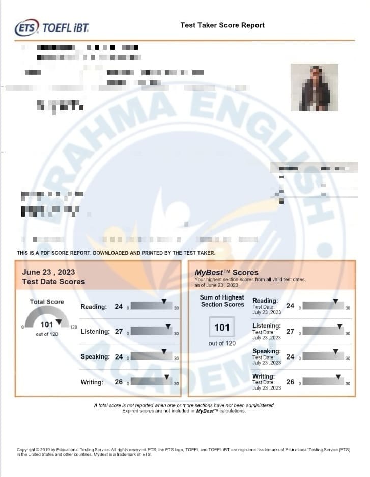 TOEFL Scorecard 15 - TOEFL Result Brahma Academy Student