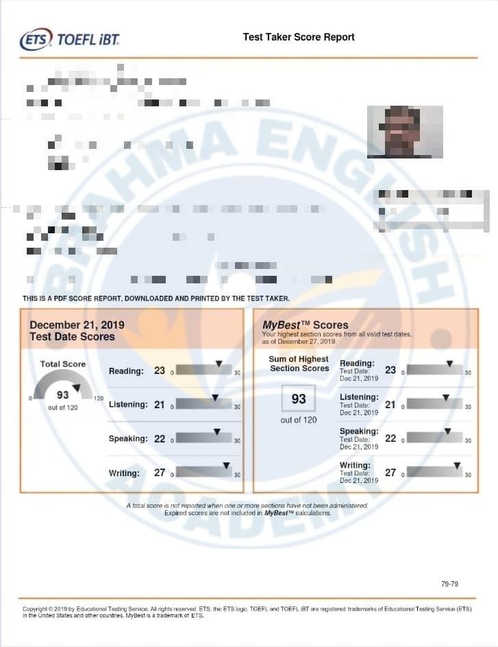 TOEFL Scorecard 16 - Brahma English Academy TOEFL Training Result
