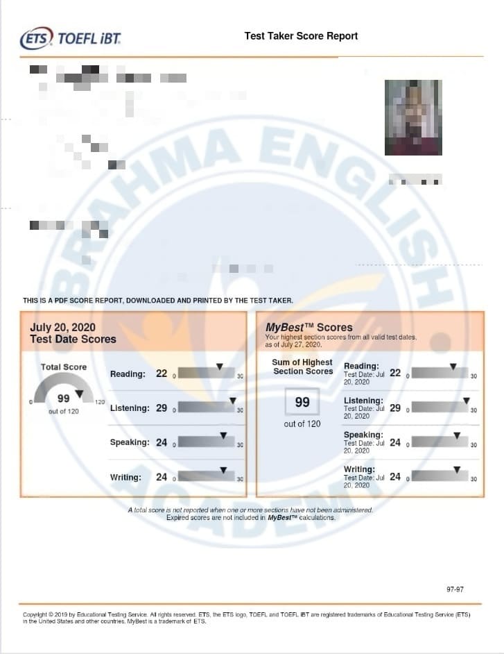TOEFL Scorecard 17 - Brahma Academy TOEFL Success
