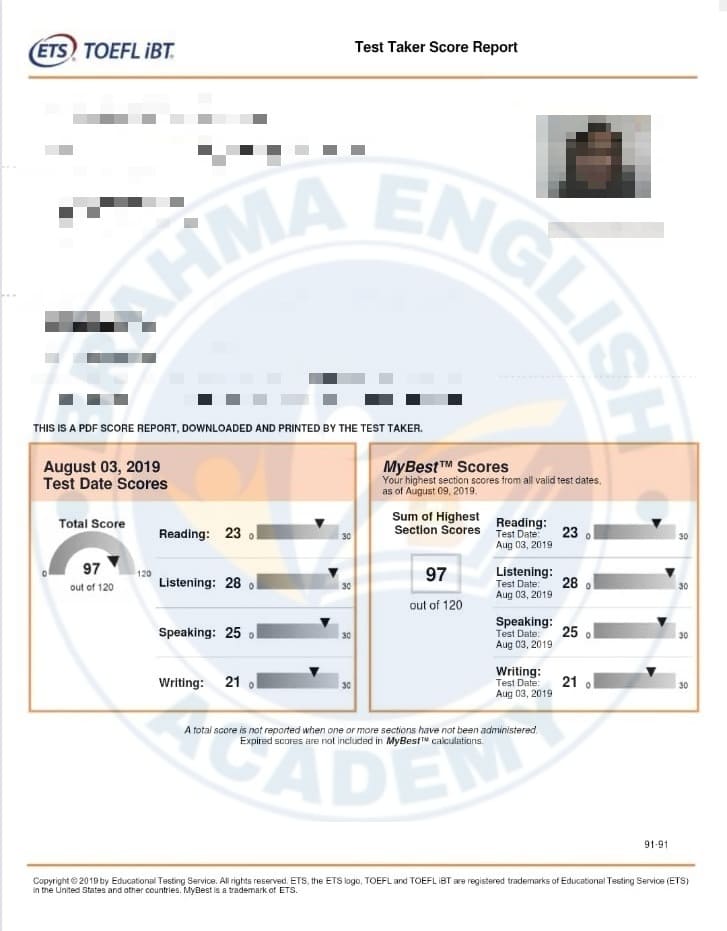 TOEFL Scorecard 18 - Student Achievement Brahma English Academy