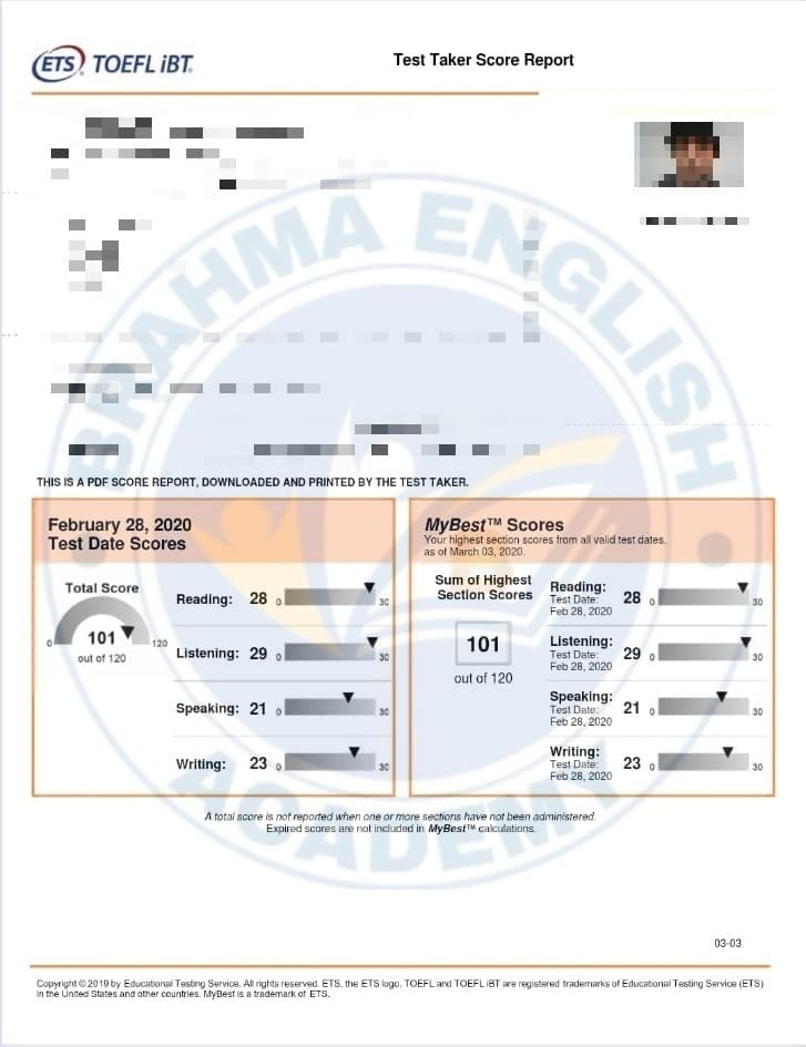 TOEFL Scorecard 2 - Brahma English Academy TOEFL Results