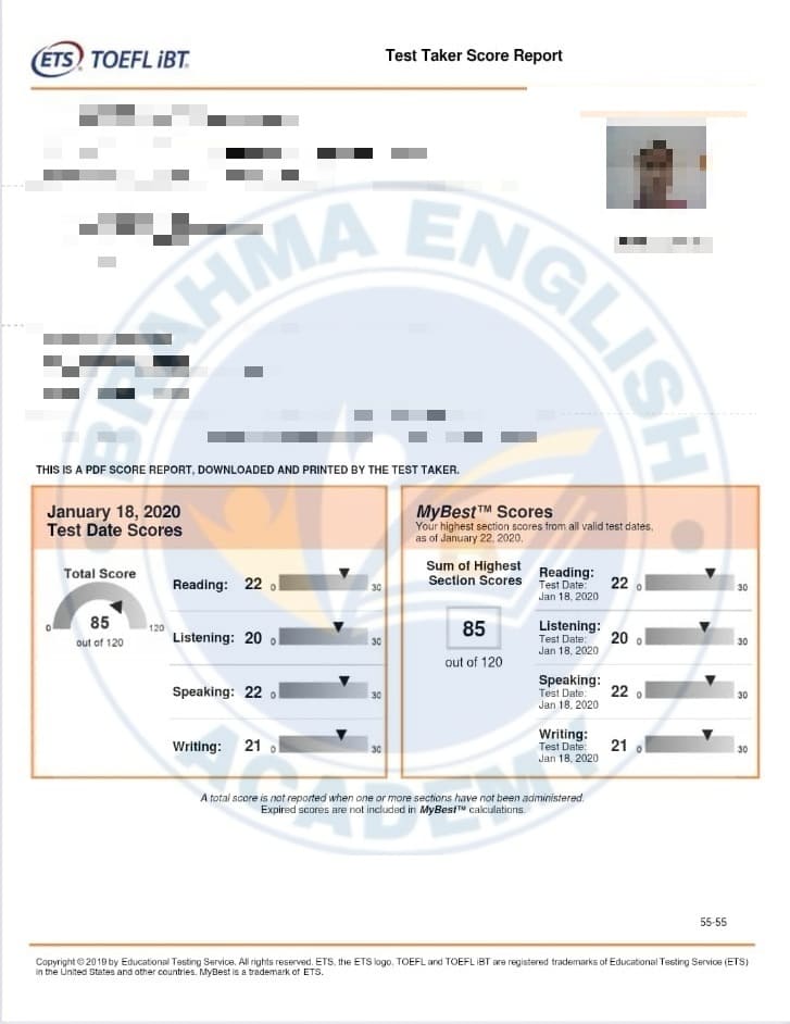 TOEFL Scorecard 3 - Brahma English Academy High Score