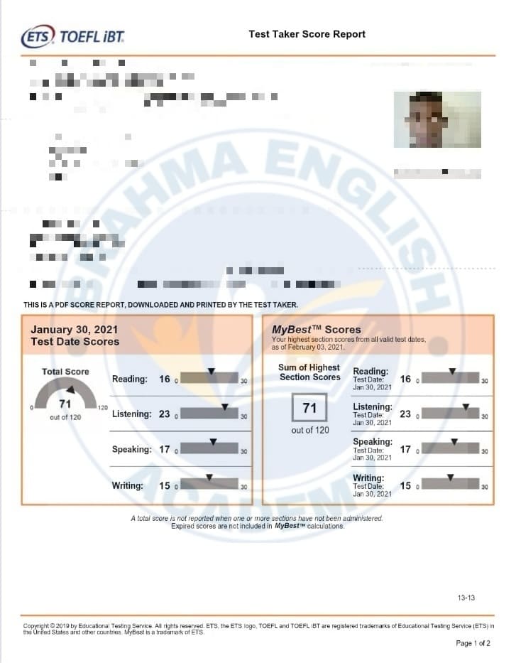 TOEFL Scorecard 4 - TOEFL Coaching Result Brahma English Academy