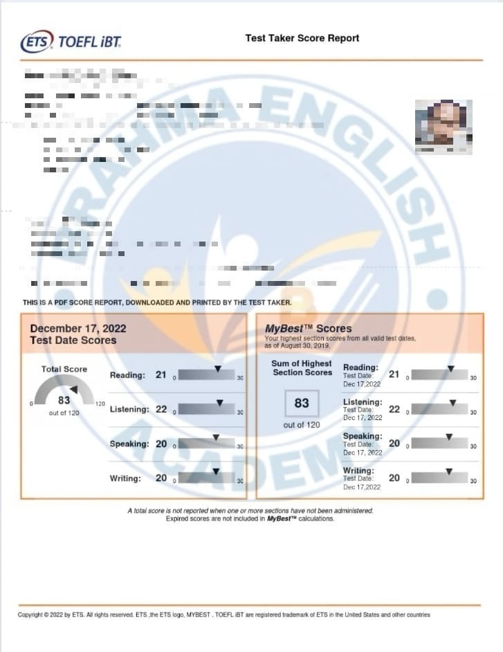 TOEFL Scorecard 5 - Brahma Academy TOEFL Student Result