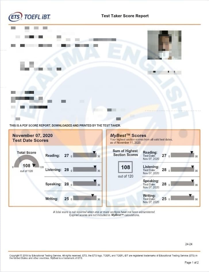 TOEFL Scorecard 6 - Brahma English TOEFL Coaching Outcome