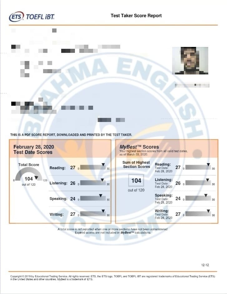 TOEFL Scorecard 7 - Brahma English Academy Top Performer