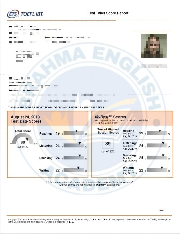 TOEFL Scorecard 8 - Student Success Brahma English Academy